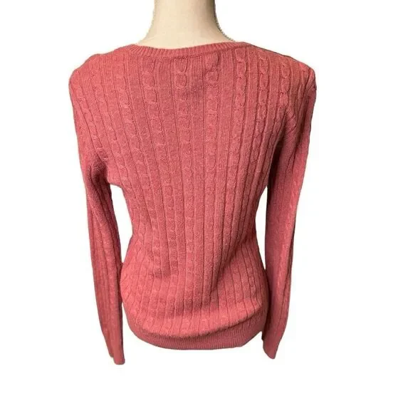 Vintage Lauren Ralph Lauren Pink Cable Knit Leather Patch Detail Exclusive Sz M - Picture 3 of 4